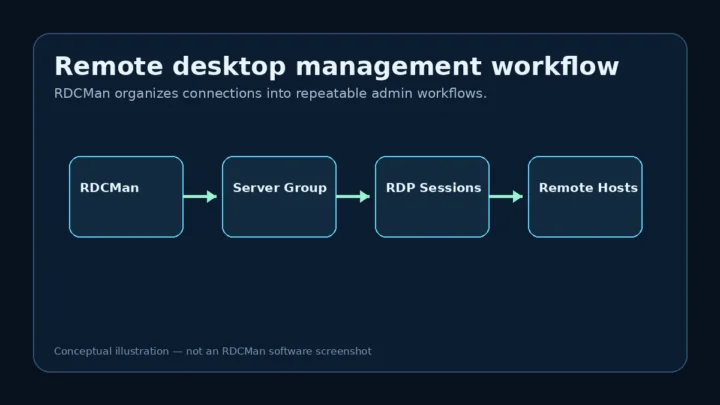 Conceptual RDCMan remote desktop server management workflow